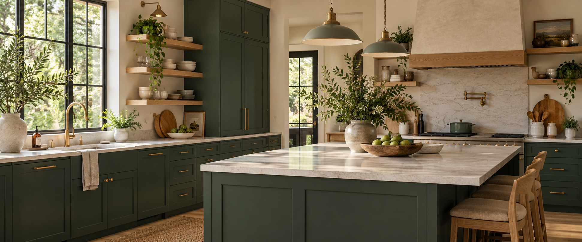 A forest-green kitchen with oak shelving and a stone island